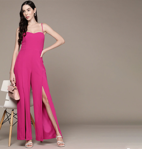 Women Fuchsia Solid Future Glam High Slit Basic Jumpsuit